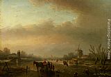 Jan Jacob Coenraad Spohler Famous Paintings - Skaters on a Frozen Canal